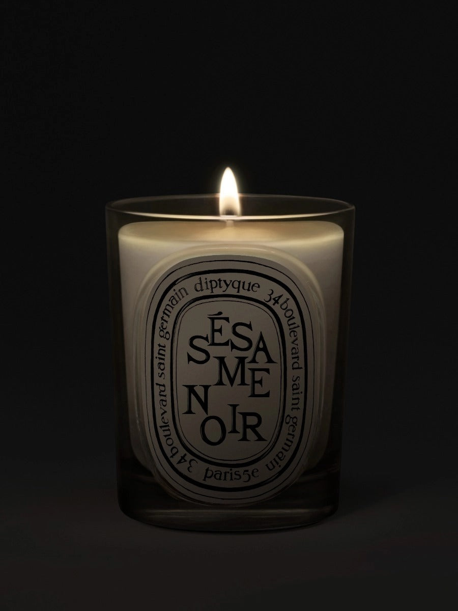 Close up of sesame noir candles, showing texture of the fabric