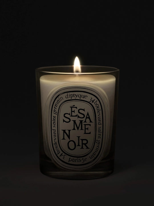 Close up of sesame noir candles, showing texture of the fabric