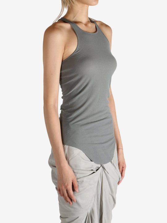 Grey top worn by a person, showing the top's fit