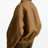 Brown jacket worn by a person, showing the jacket's fit