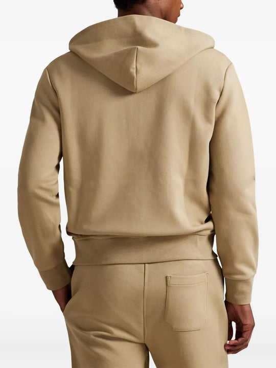 Tan hoodie, full body view