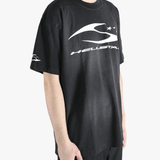Black t-shirt worn by a person, showing the shirt's fit