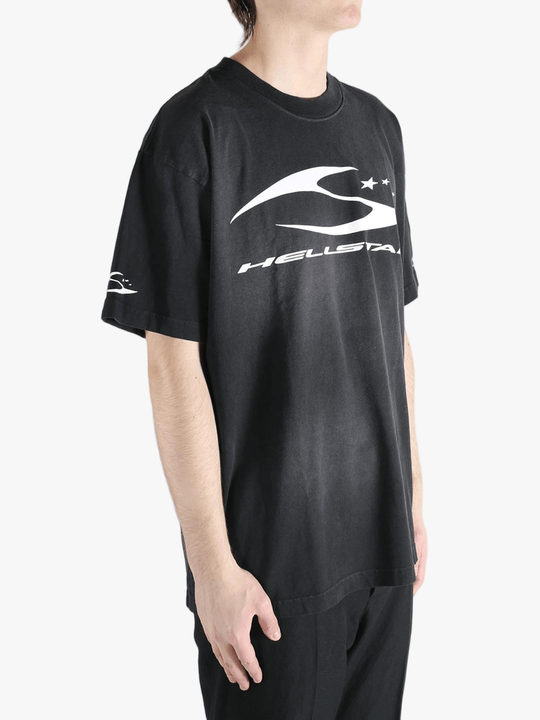 Black t-shirt worn by a person, showing the shirt's fit