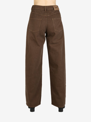 Brown pants worn by a person, showing the pants's fit
