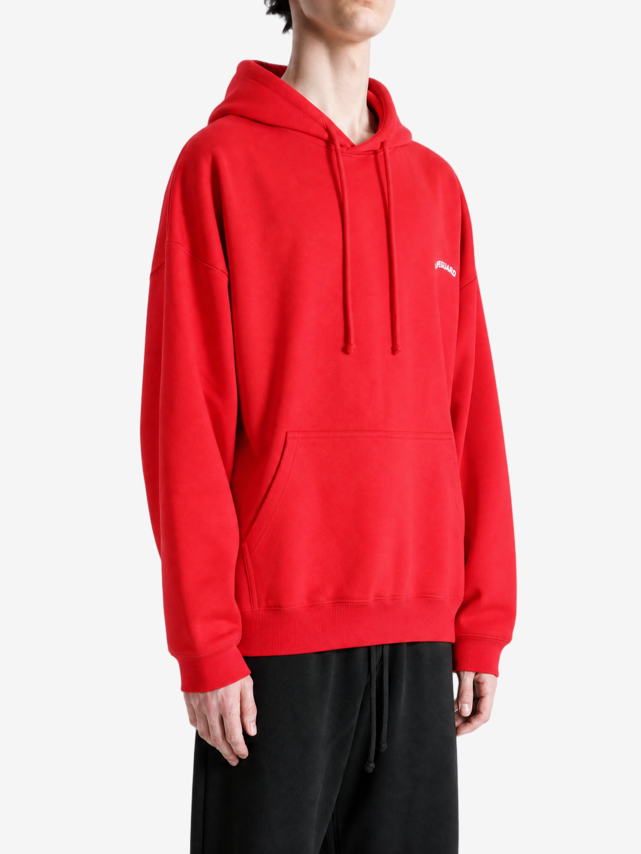 Red hoodie, full body view