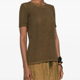 Brown tops worn by a person, showing the tops fit