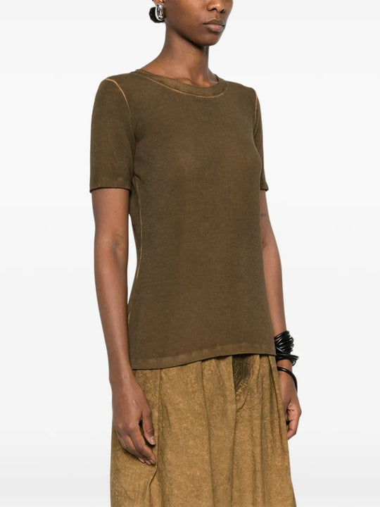 Brown tops worn by a person, showing the tops fit