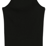 Close up of black tank, showing texture of the cotton fabric