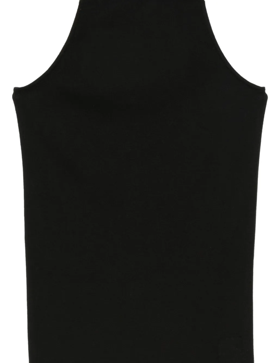 Close up of black tank, showing texture of the cotton fabric