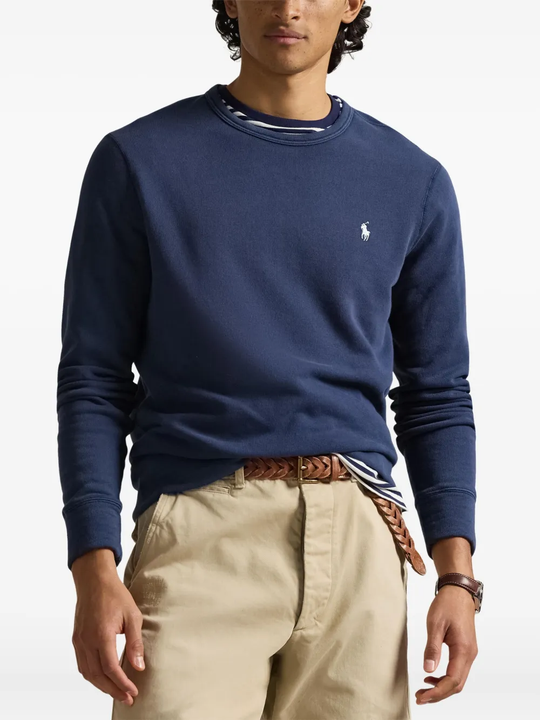 Blue sweatshirt worn by a person, showing the sweatshirt's  fit