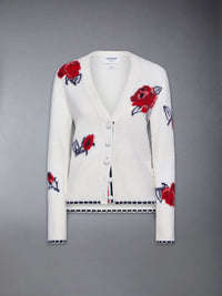 THOM BROWNE - Women Brushed Rose Jersey Intarsia V Neck Cardigan In Merino Wool