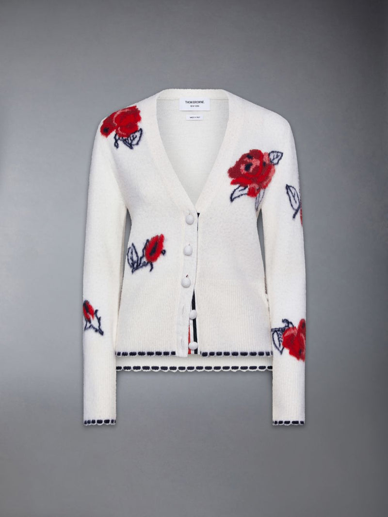 THOM BROWNE - Women Brushed Rose Jersey Intarsia V Neck Cardigan In Merino Wool