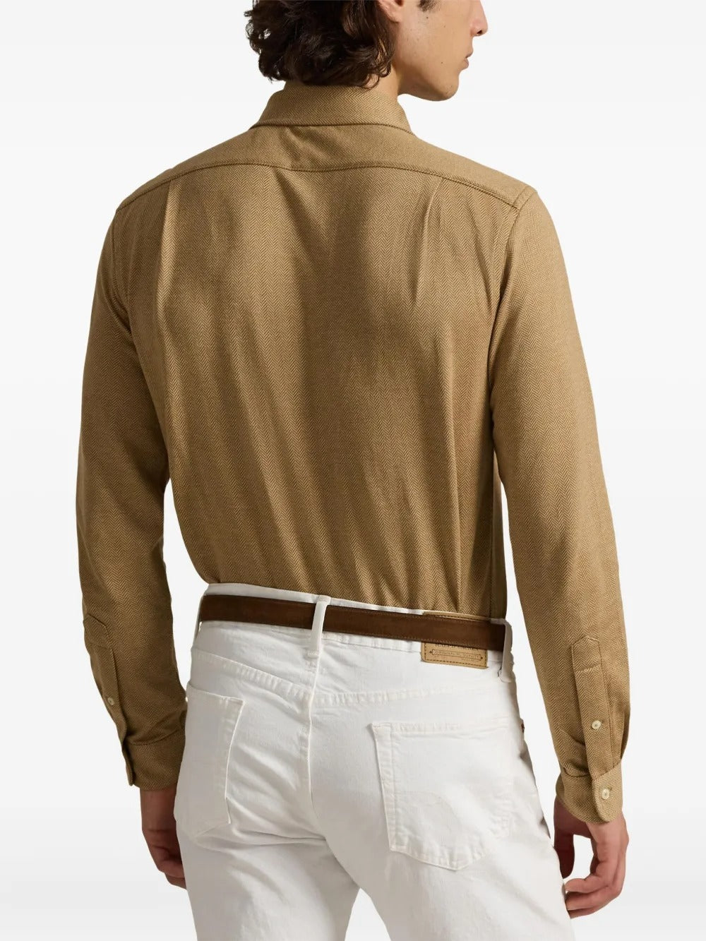 Brown shirt worn by a person, showing the shirt's fit