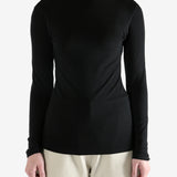 Black t-shirt worn by a person, showing the shirt's fit