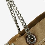 Close up of tan bag, showing texture of the cotton fabric