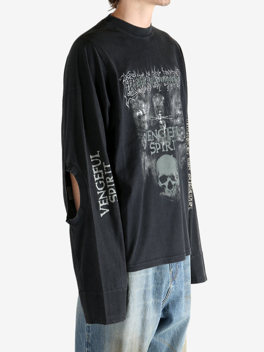 Black shirt worn by a person, showing the shirt fit