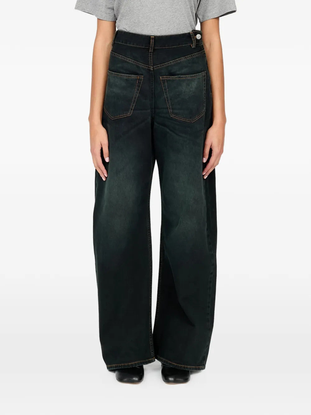 Navy pants, full body view