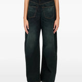 Navy pants, full body view