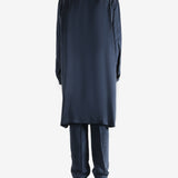 Navy coat worn by a person, showing the coat's fit