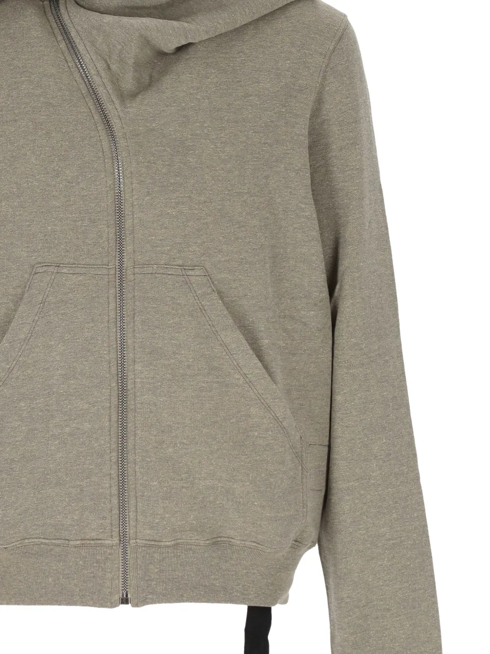 Close up of grey hoodie, showing texture of the cotton and polyester fabric