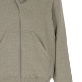 Close up of grey hoodie, showing texture of the cotton and polyester fabric