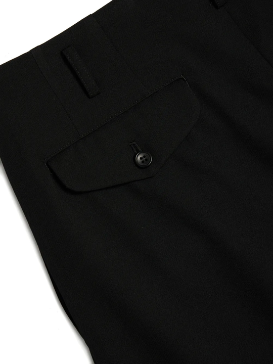 Close up of black pants, showing the detial of flap-pocket on the back 