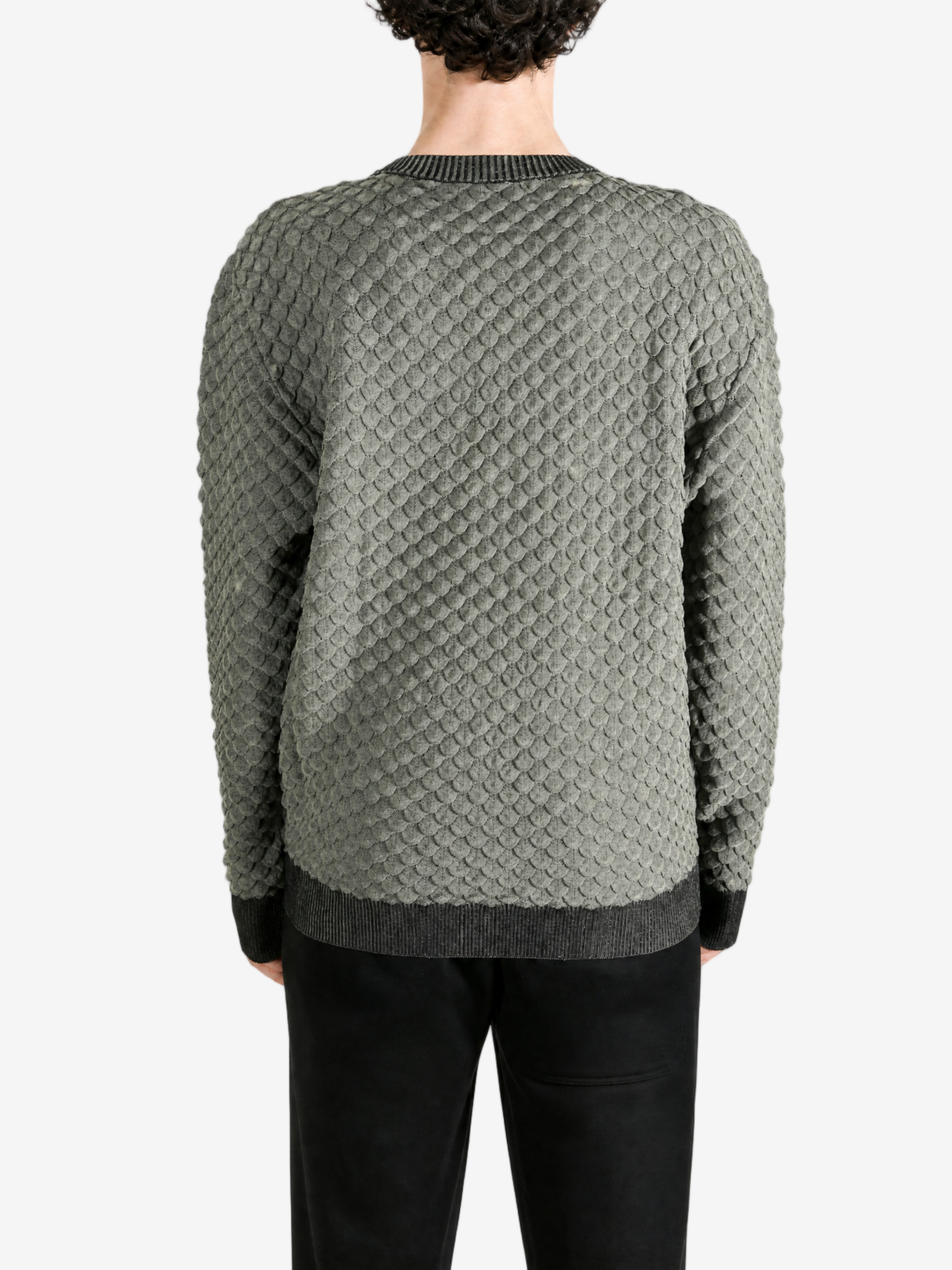 Grey knitwear, full body view