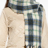 Blue scarf worn by a person, showing the scarf fit