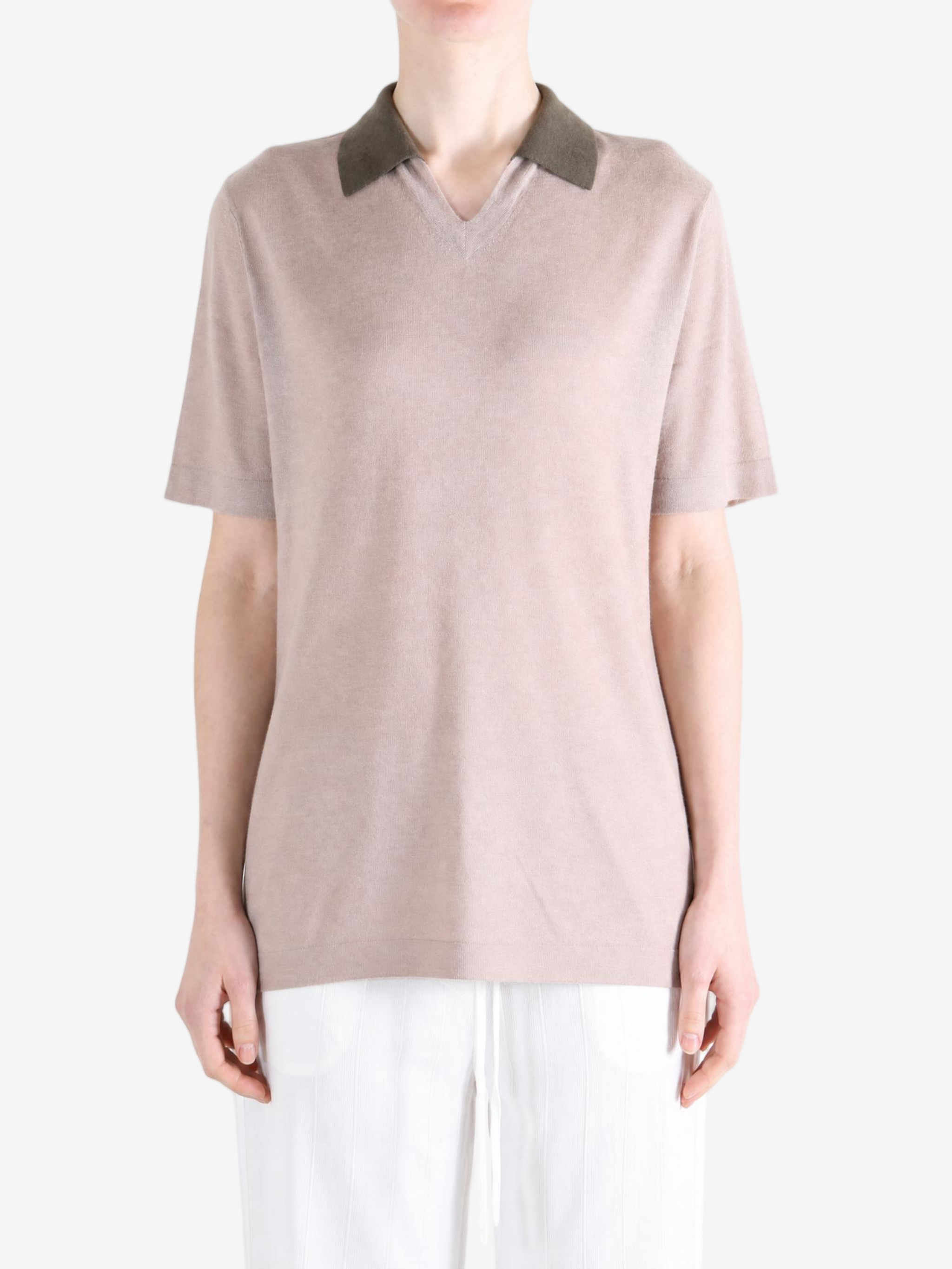 Tan t-shirt worn by a person, showing the t-shirt fit