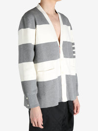 THOM BROWNE - Men Rugby Stripe Milano Stitch  W/4 Bar Stripe V Neck Cardigan