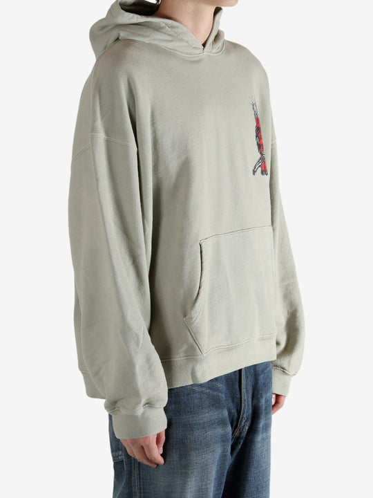 Grey hoodie worn by a person, showing the hoodie's fit