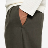 Close up of green pants, showing texture of the cotton fabric