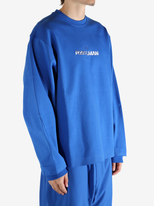 Blue sweatshirt worn by a person, showing the shirt's fit