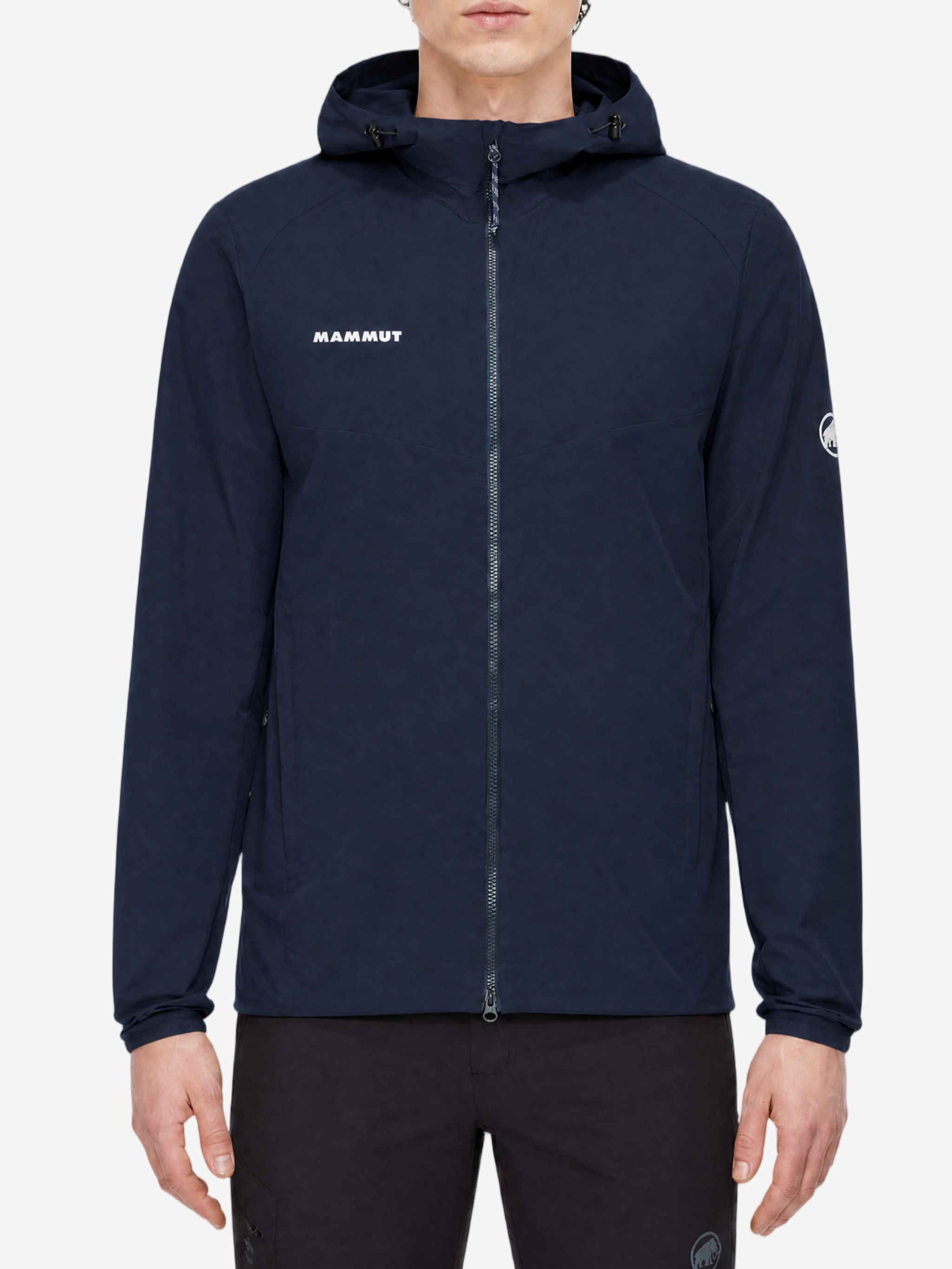 Navy jacket, full body view