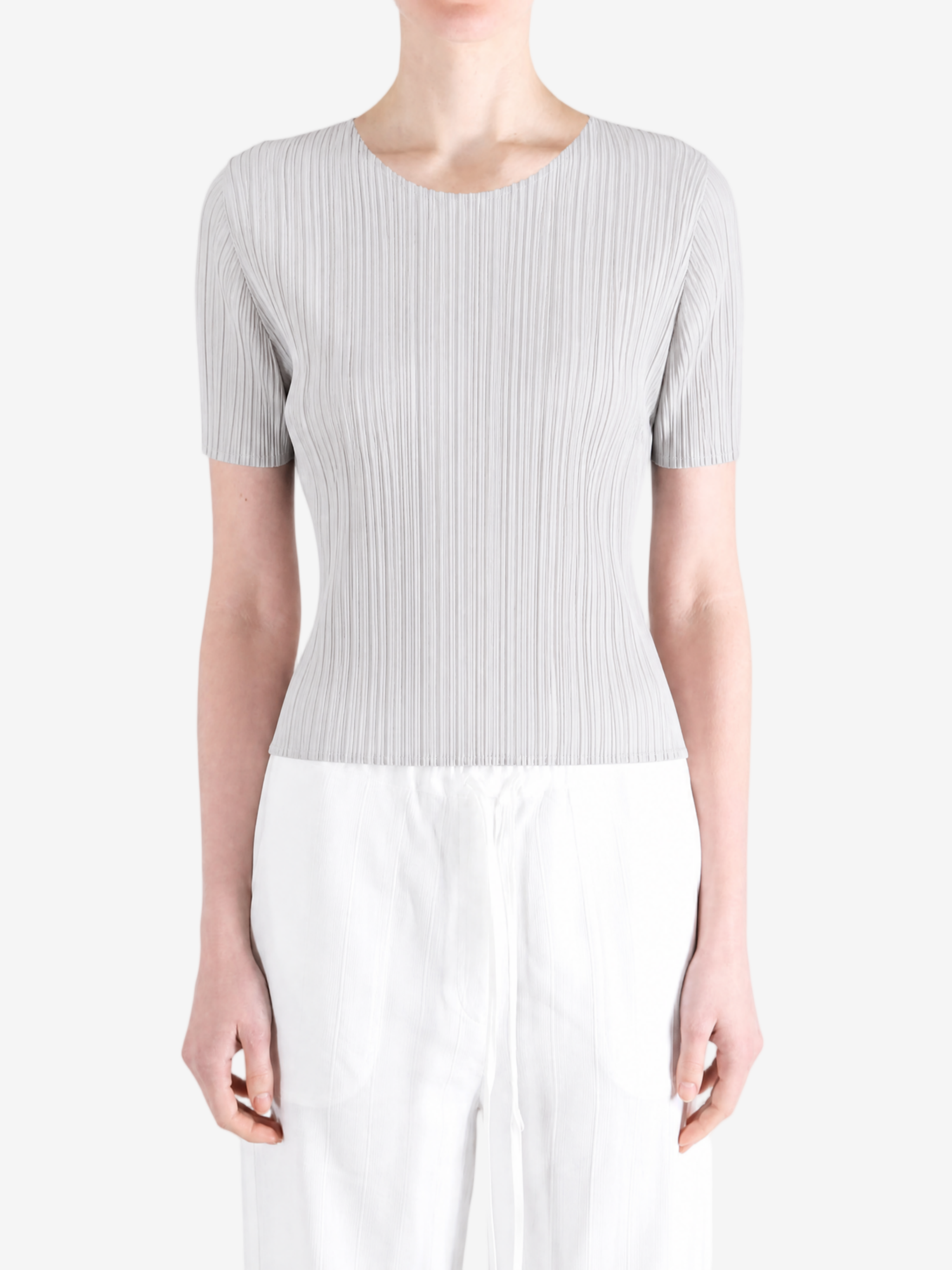 Grey shirt worn by a person, showing the shirt fit