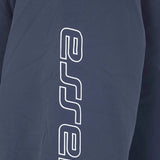 Close up of blue jacket, showing texture of the fabric