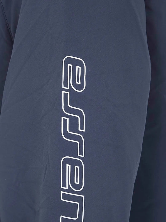 Close up of blue jacket, showing texture of the fabric