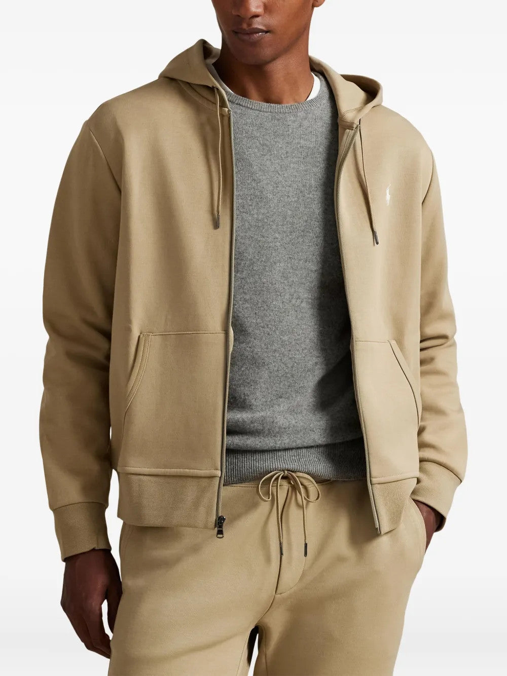 Tan hoodie, full body view