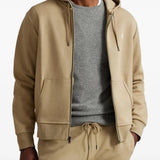 Tan hoodie, full body view