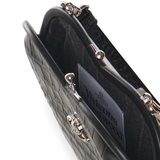 Close up of the black bag, showing texture of the calf leather