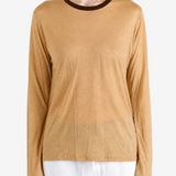 Tan t-shirt worn by a person, showing the t-shirt fit