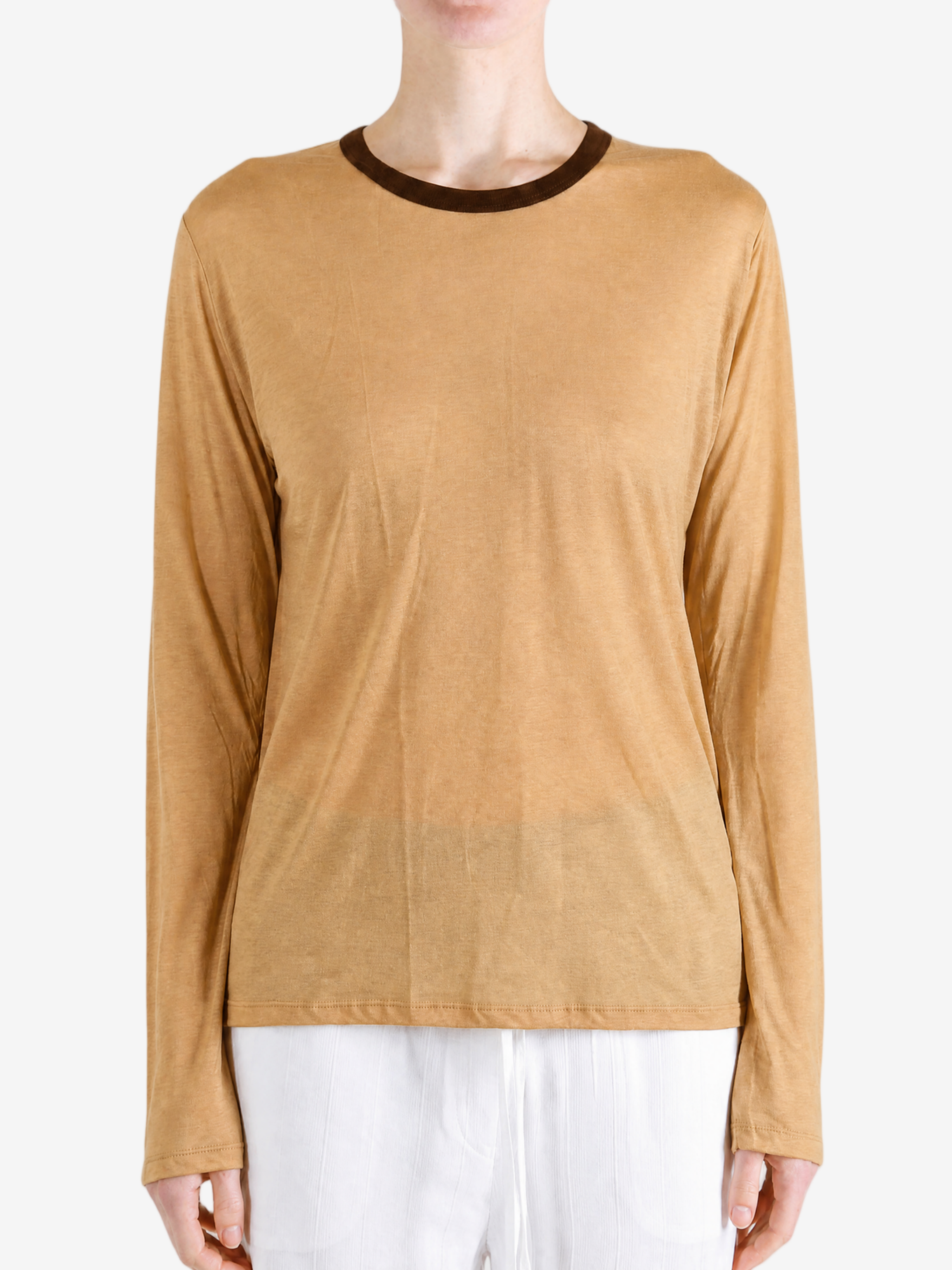 Tan t-shirt worn by a person, showing the t-shirt fit