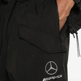 Close up of balck pant, showing texture of the cotton fabric