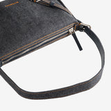 Close up of blue bag, showing texture of the cotton fabric