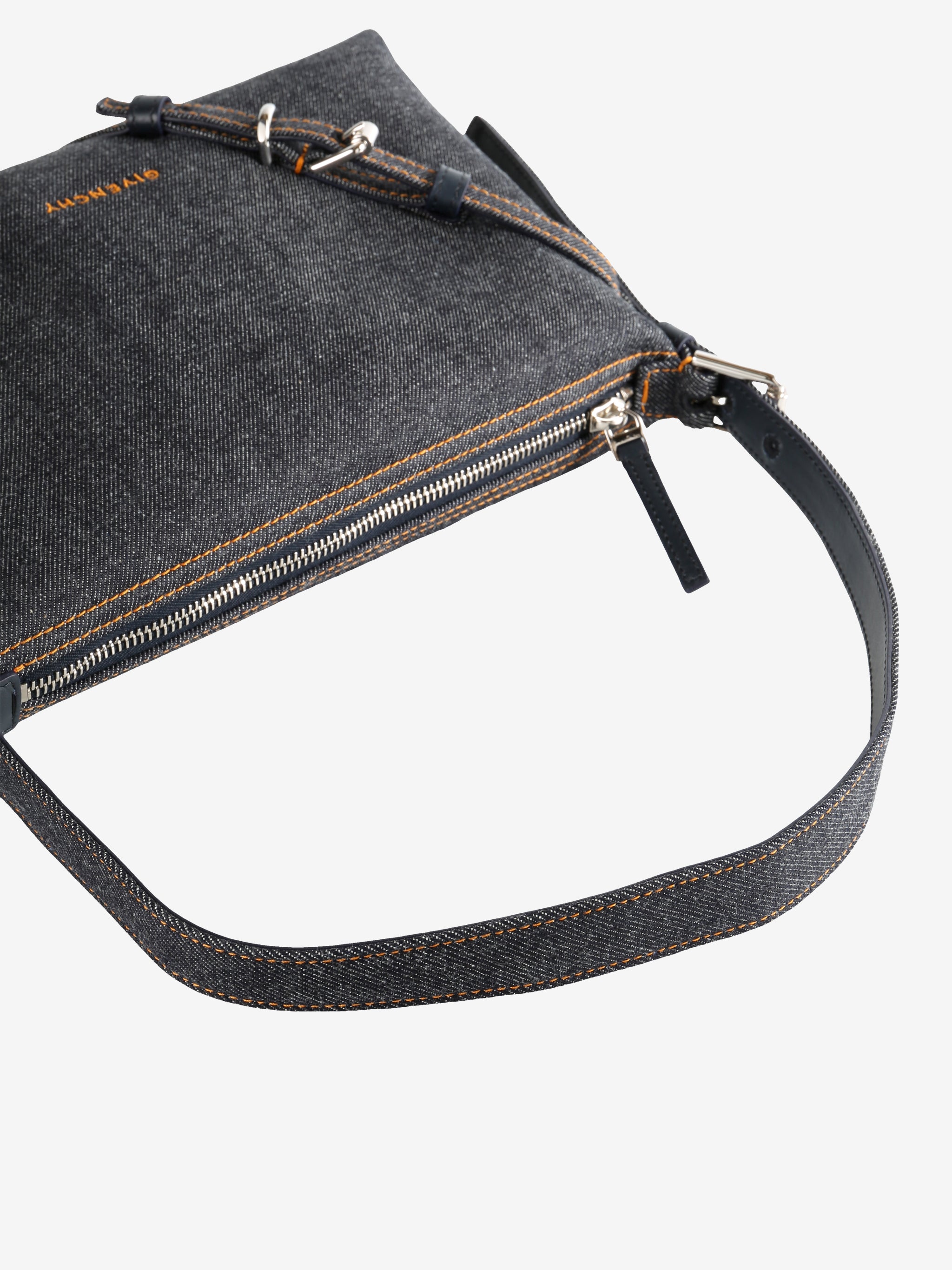 Close up of blue bag, showing texture of the cotton fabric