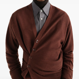 Brown knitwear worn by a person, showing the knitwear fit