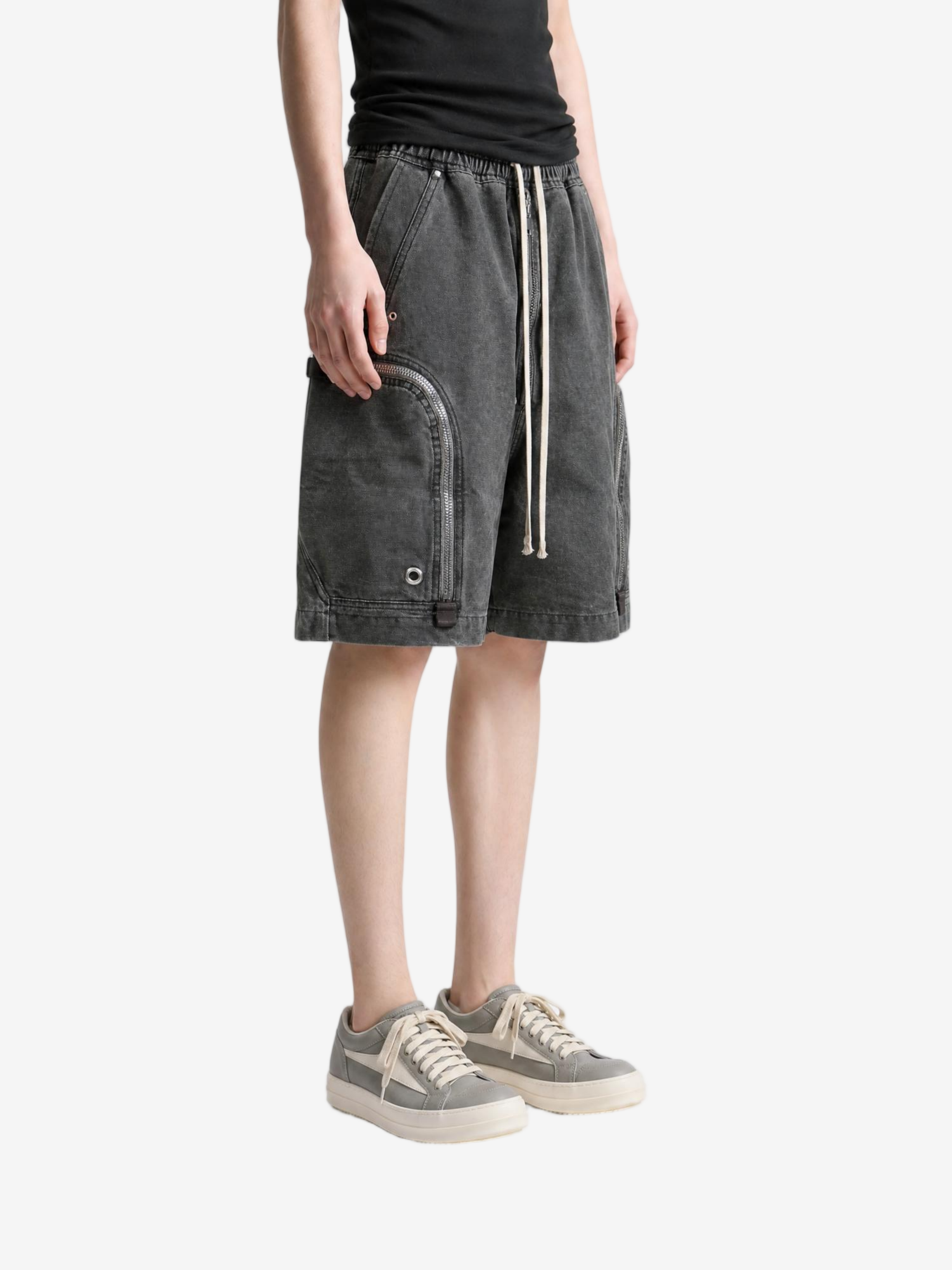 Grey shorts, full body view