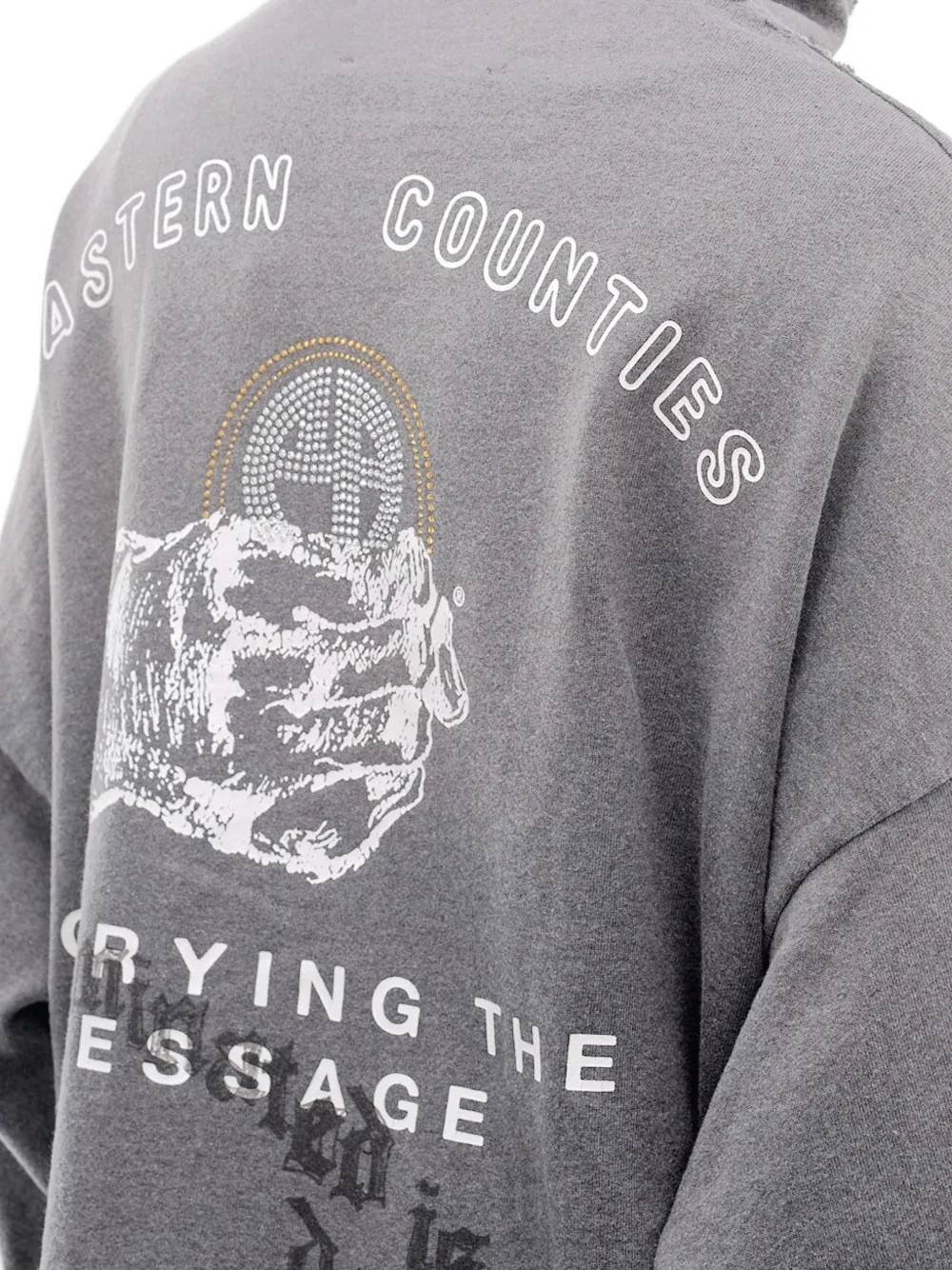 Close up of grey hoodie, showing texture of the cotton fabric