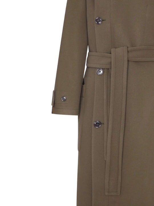 Close up of Brown jacket, showing texture of the 100% wool fabric