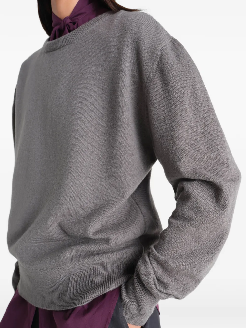 Close up of grey sweater, showing texture of the Wool and Cashmere fabric